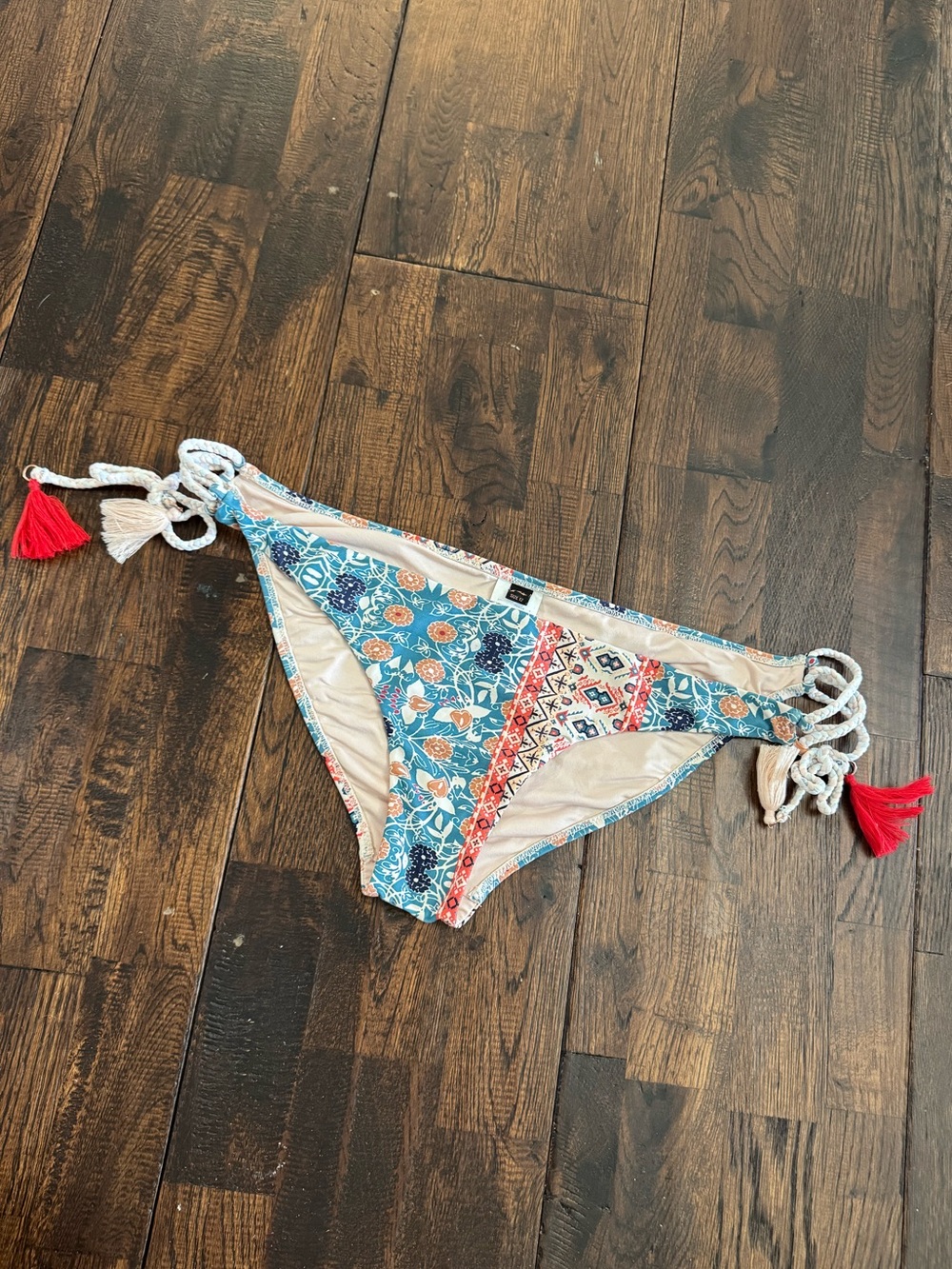 Printed Boho Bikini Bottoms in Blue and Coral Size 12